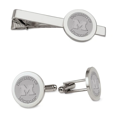 Men's Silver Michigan Wolverines Cufflinks & Tie Bar Gift Set