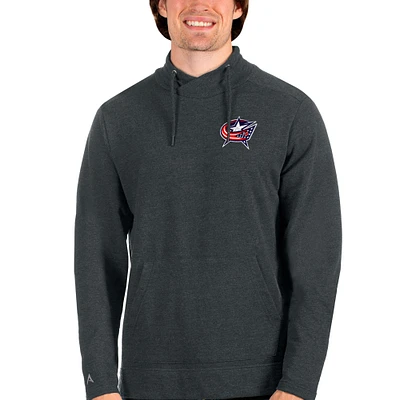 Men's Antigua Heathered Charcoal Columbus Blue Jackets Team Reward Crossover Neckline Pullover Sweatshirt