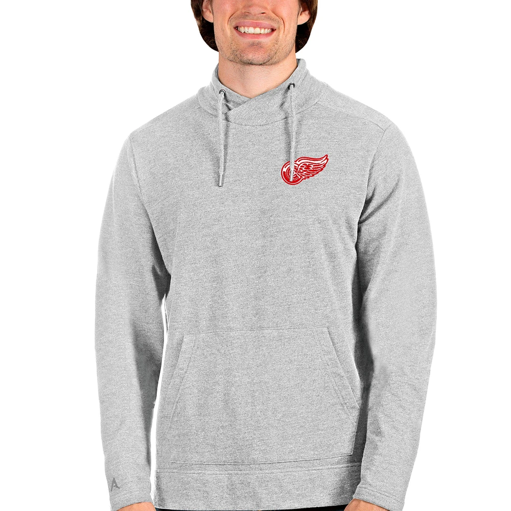 Men's Antigua Heathered Gray Detroit Red Wings Team Reward Crossover Neckline Pullover Sweatshirt