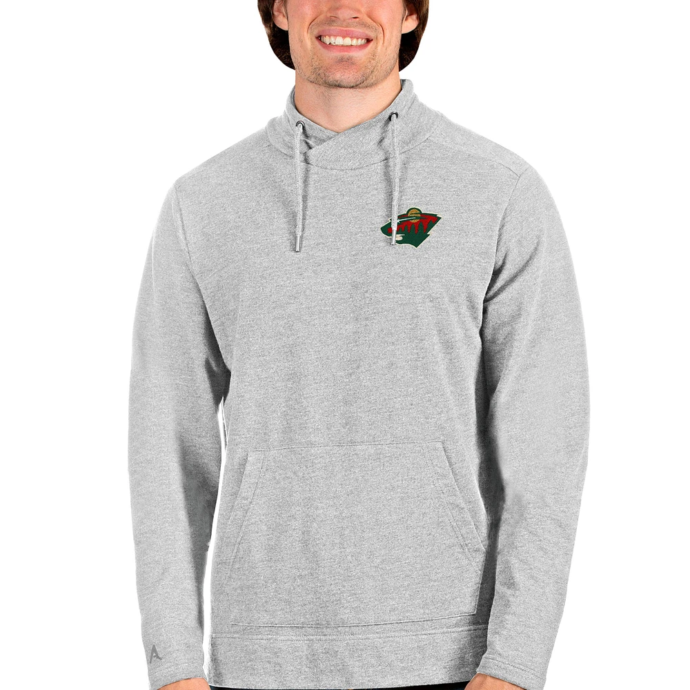 Men's Antigua Heathered Gray Minnesota Wild Team Reward Crossover Neckline Pullover Sweatshirt