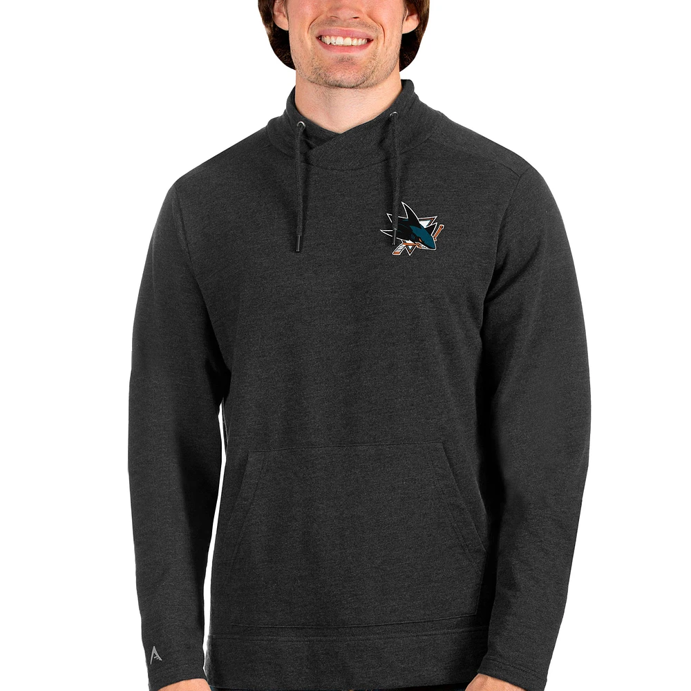 Men's Antigua Heathered Black San Jose Sharks Team Reward Crossover Neckline Pullover Sweatshirt