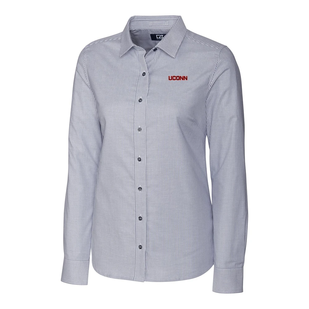 Women's Cutter & Buck Charcoal UConn Huskies Wordmark Stretch Oxford Stripe Long Sleeve Shirt