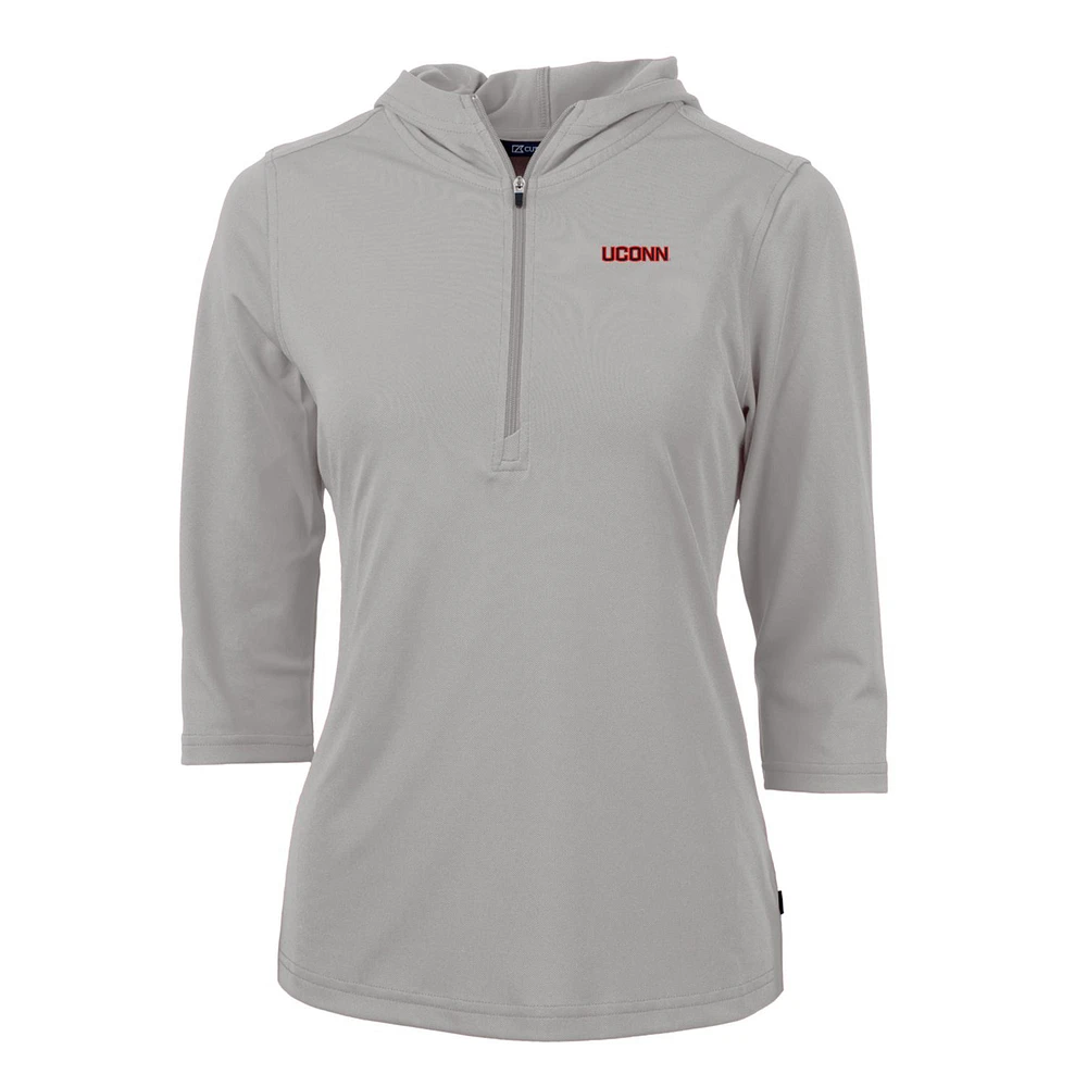 Women's Cutter & Buck Silver UConn Huskies Wordmark Virtue Eco Pique Half-Zip 3/4 Sleeve Pullover Hoodie