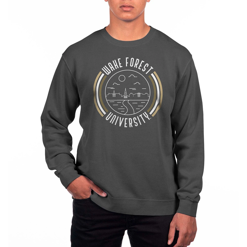 Men's Uscape Apparel Black Wake Forest Demon Deacons Pigment Dyed Fleece Crew Neck Sweatshirt