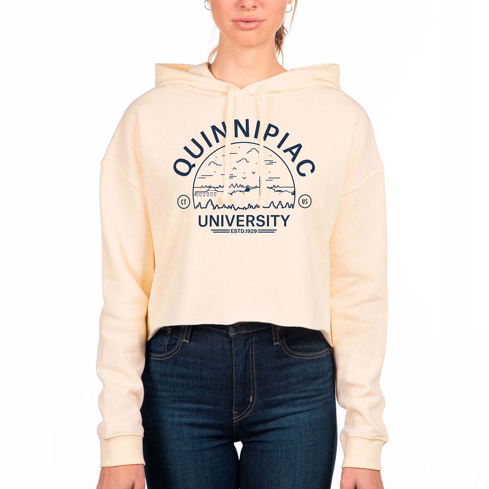 Women's Uscape Apparel Cream Quinnipiac Bobcats Fleece Cropped Pullover Hoodie