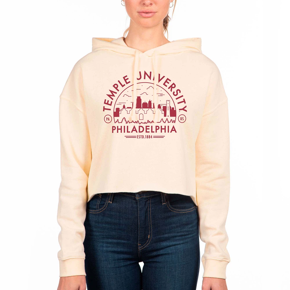 Women's Uscape Apparel Cream Temple Owls Fleece Cropped Pullover Hoodie