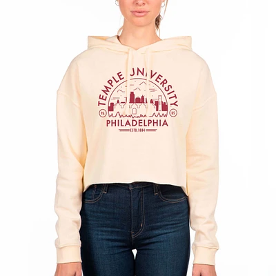 Women's Uscape Apparel Cream Temple Owls Fleece Cropped Pullover Hoodie