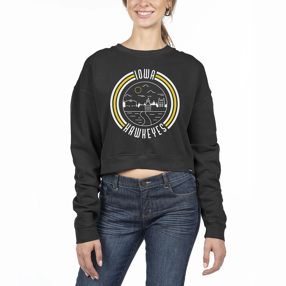 Women's Uscape Apparel Black Iowa Hawkeyes Pigment Dyed Fleece Crop Crewneck Sweatshirt
