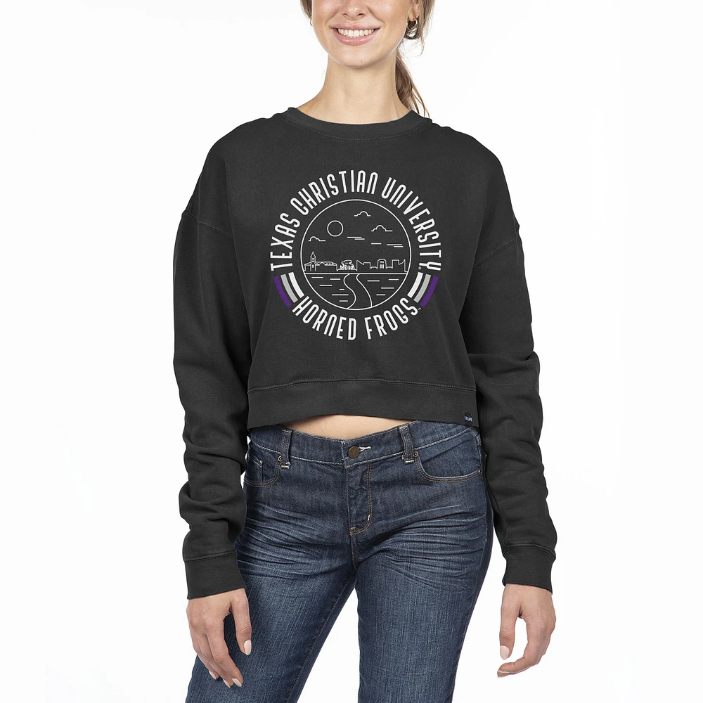 Women's Uscape Apparel Black TCU Horned Frogs Pigment Dyed Fleece Crop Crewneck Sweatshirt