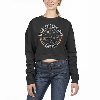 Women's Uscape Apparel Black Texas State Bobcats Pigment Dyed Fleece Crop Crewneck Sweatshirt