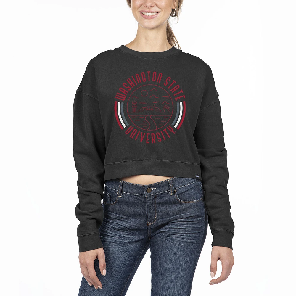 Women's Uscape Apparel Black Washington State Cougars Pigment Dyed Fleece Crop Crewneck Sweatshirt