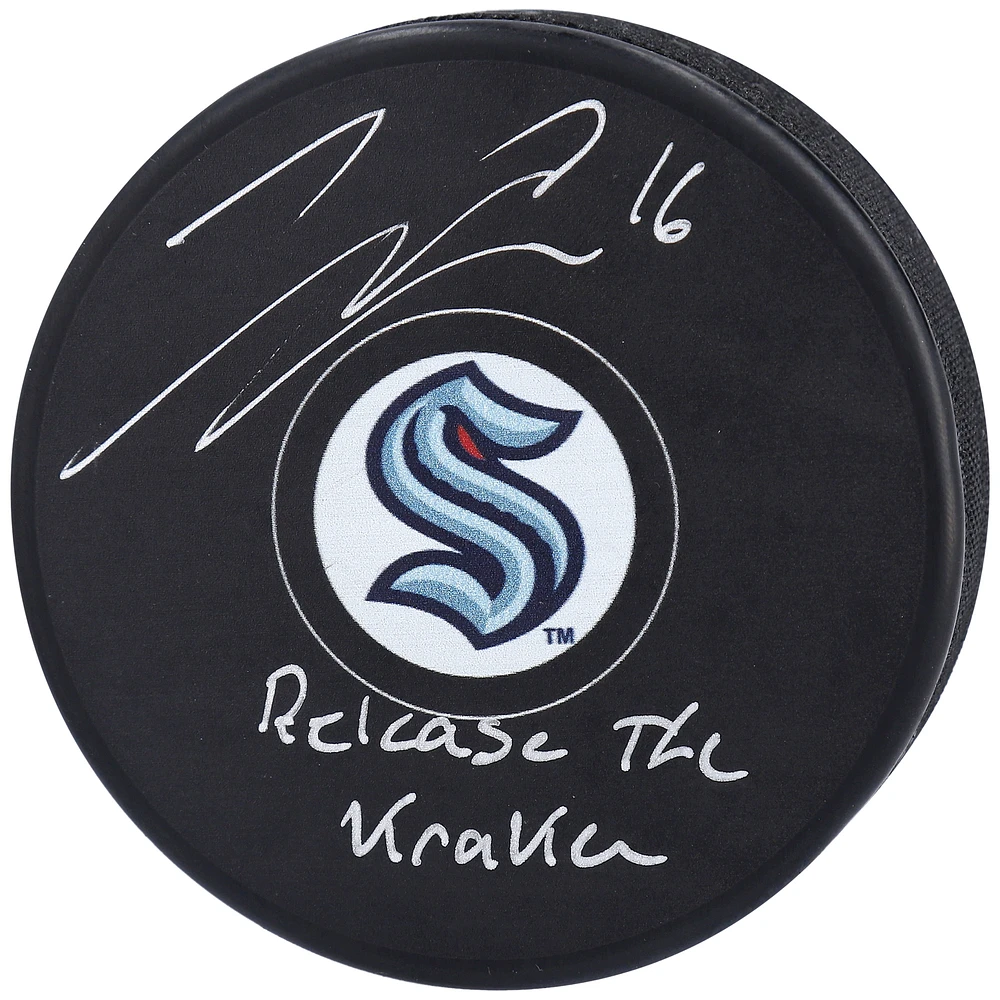 Jared McCann Seattle Kraken Autographed Hockey Puck with "Release The Kraken" Inscription