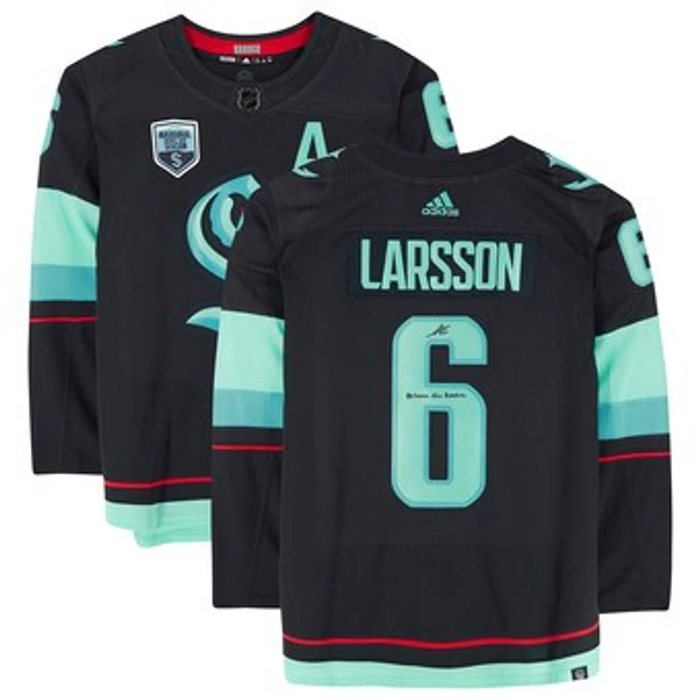 Adam Larsson Deep Sea Blue Seattle Kraken Autographed adidas Authentic Jersey with "Release The Kraken" Inscription and Inaugural Season Jersey Patch