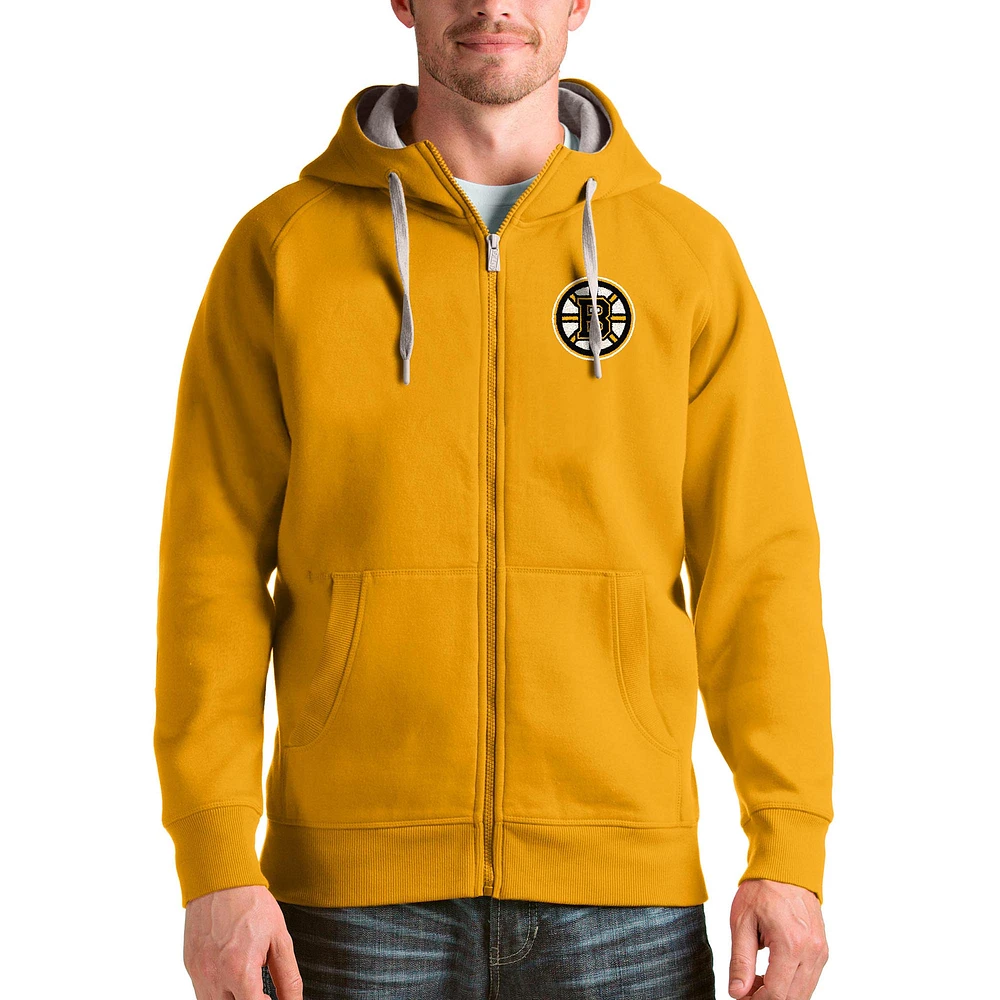 Men's Antigua Gold Boston Bruins Logo Victory Full-Zip Hoodie