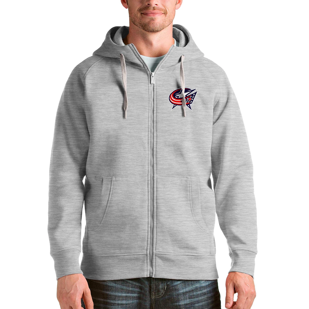 Men's Antigua Heathered Gray Columbus Blue Jackets Logo Victory Full-Zip Hoodie