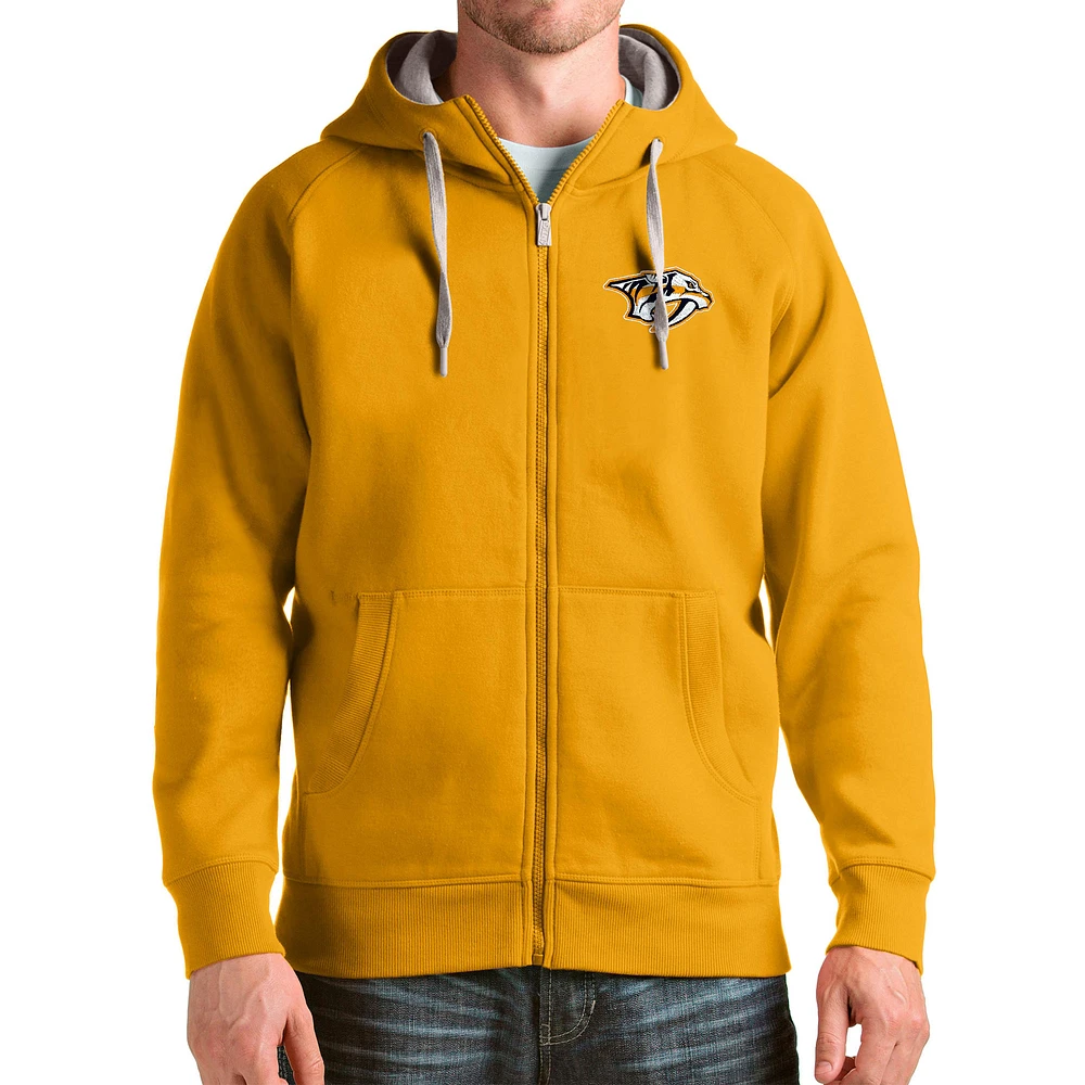 Men's Antigua Gold Nashville Predators Logo Victory Full-Zip Hoodie