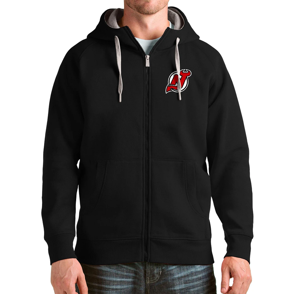 Men's Antigua Black New Jersey Devils Logo Victory Full-Zip Hoodie
