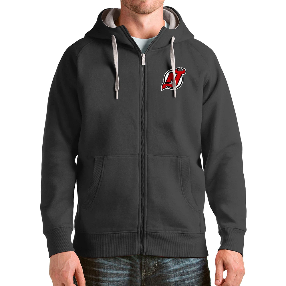 Men's Antigua Charcoal New Jersey Devils Logo Victory Full-Zip Hoodie
