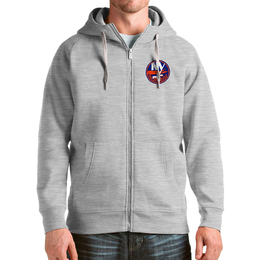 Men's Antigua Heathered Gray New York Islanders Logo Victory Full-Zip Hoodie