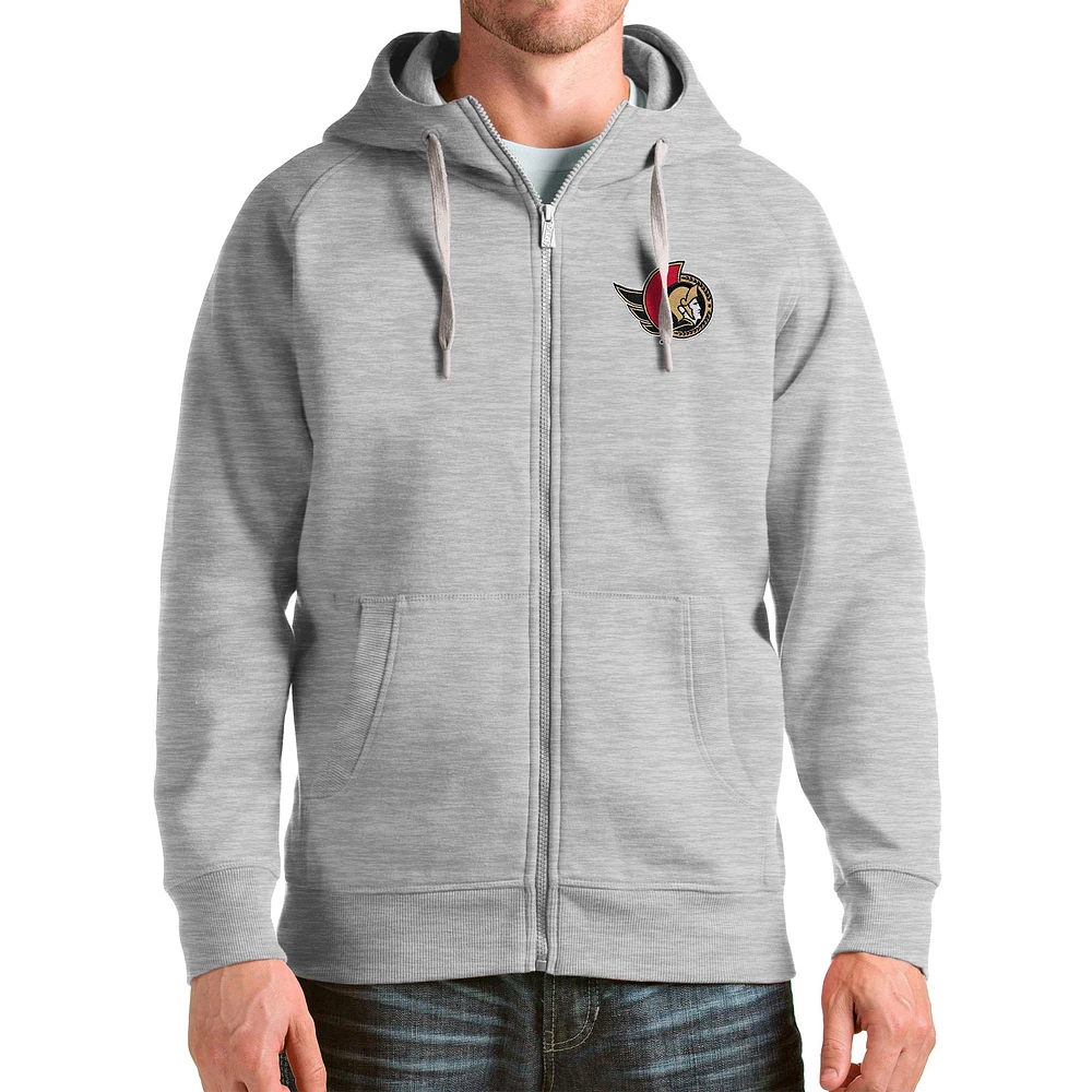 Men's Antigua Heathered Gray Ottawa Senators Logo Victory Full-Zip Hoodie