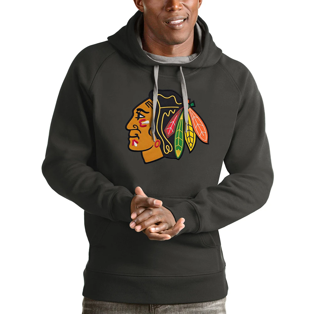 Men's Antigua Charcoal Chicago Blackhawks Logo Victory Pullover Hoodie