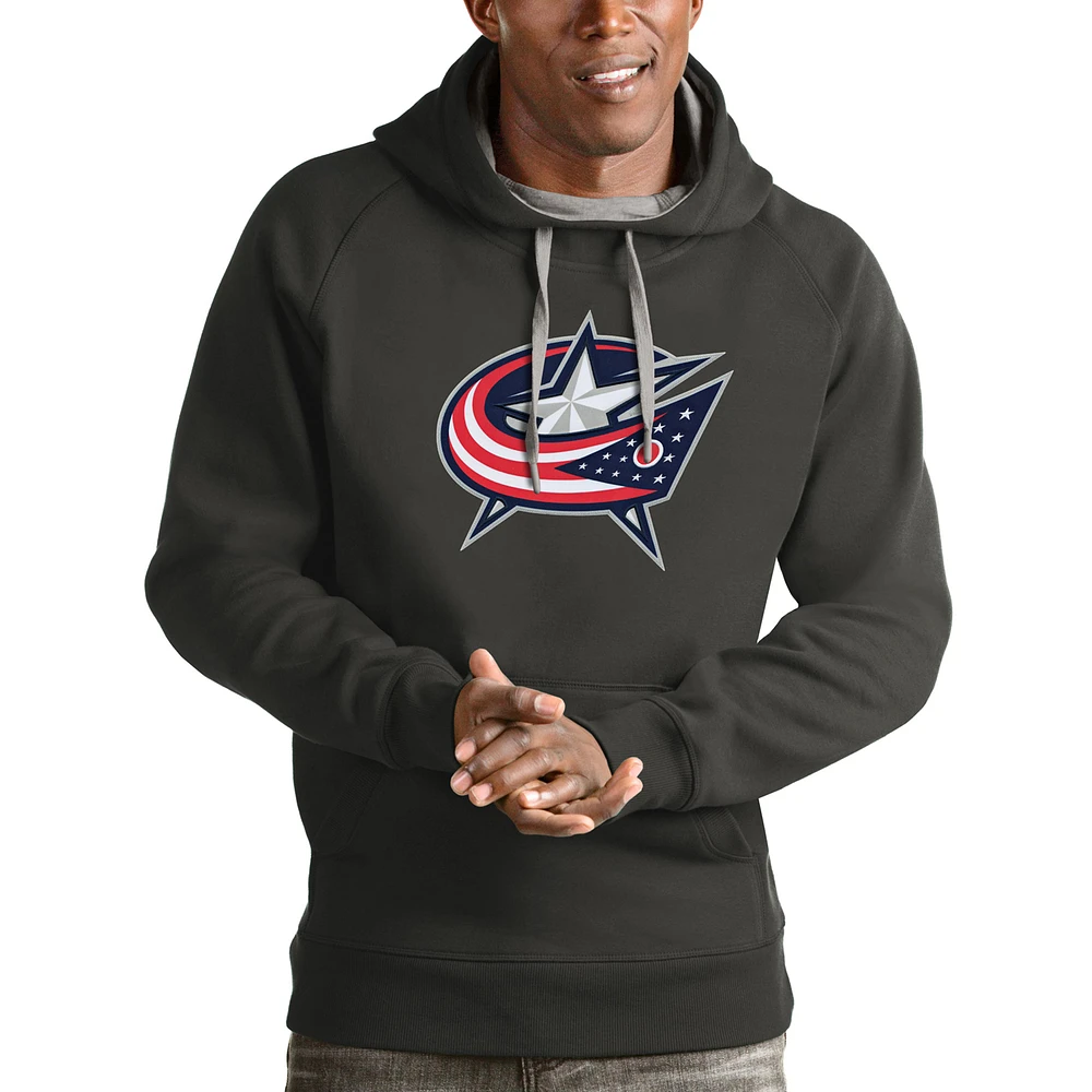 Men's Antigua Charcoal Columbus Blue Jackets Logo Victory Pullover Hoodie
