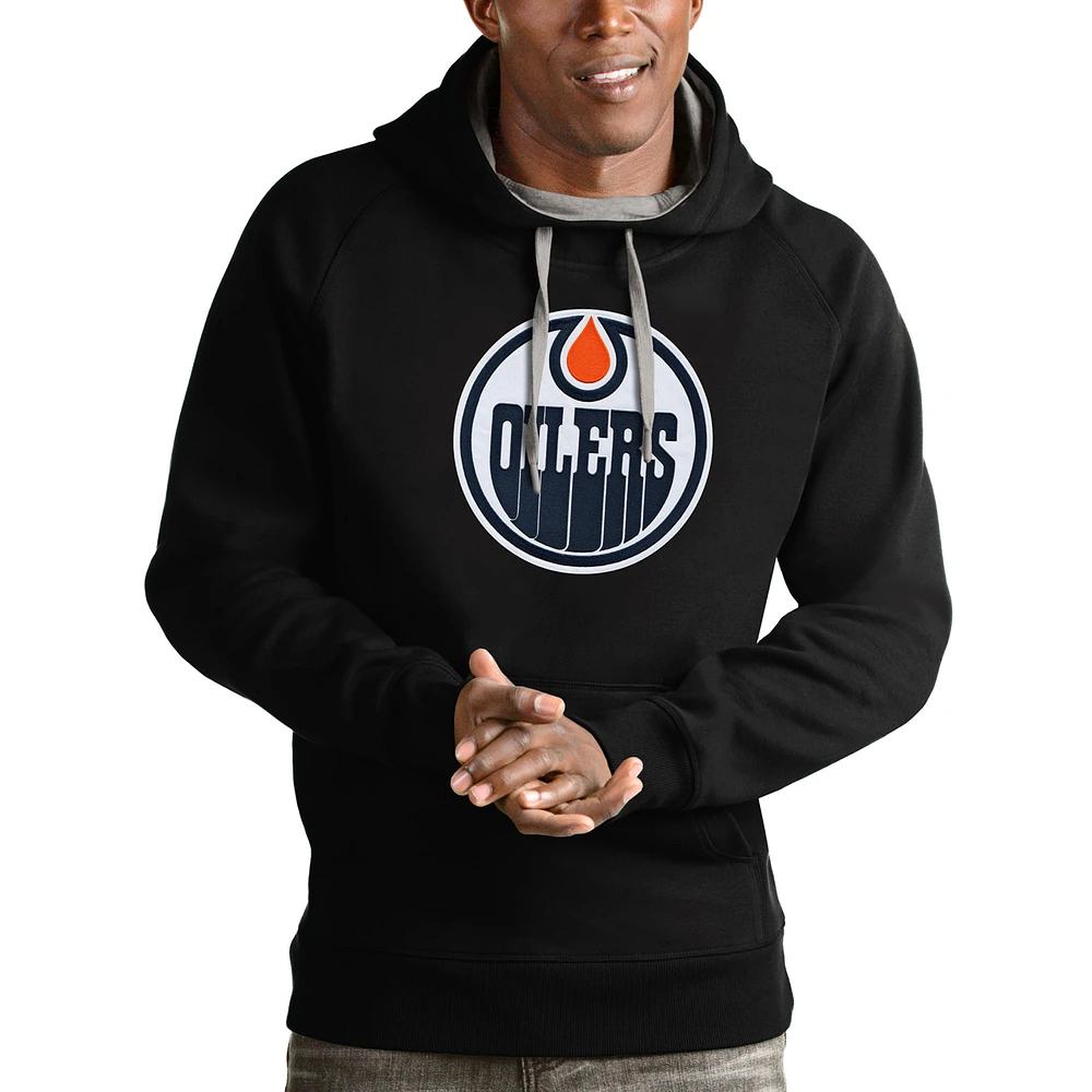 Men's Antigua Black Edmonton Oilers Logo Victory Pullover Hoodie