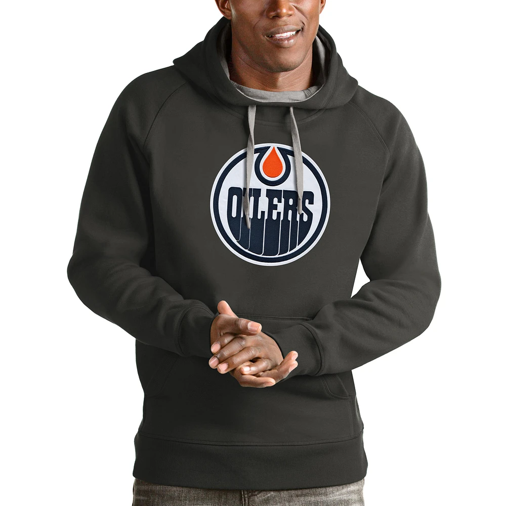Men's Antigua Charcoal Edmonton Oilers Logo Victory Pullover Hoodie