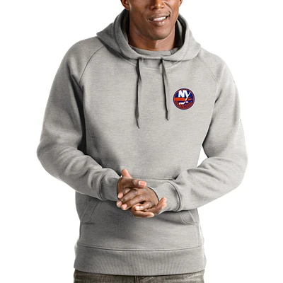 Men's Antigua Heathered Gray New York Islanders Victory Pullover Hoodie