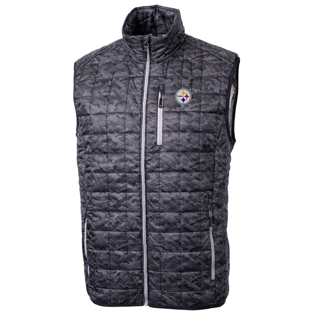 Men's Cutter & Buck Black Pittsburgh Steelers Rainier Printed Full-Zip Puffer Vest