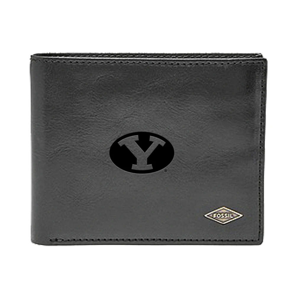 Men's Fossil Black BYU Cougars Leather Ryan RFID Flip ID Bifold Wallet