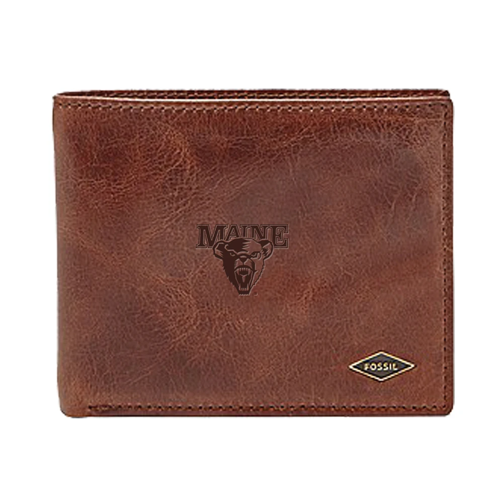 Men's Fossil Brown Maine Black Bears Leather Ryan RFID Flip ID Bifold Wallet
