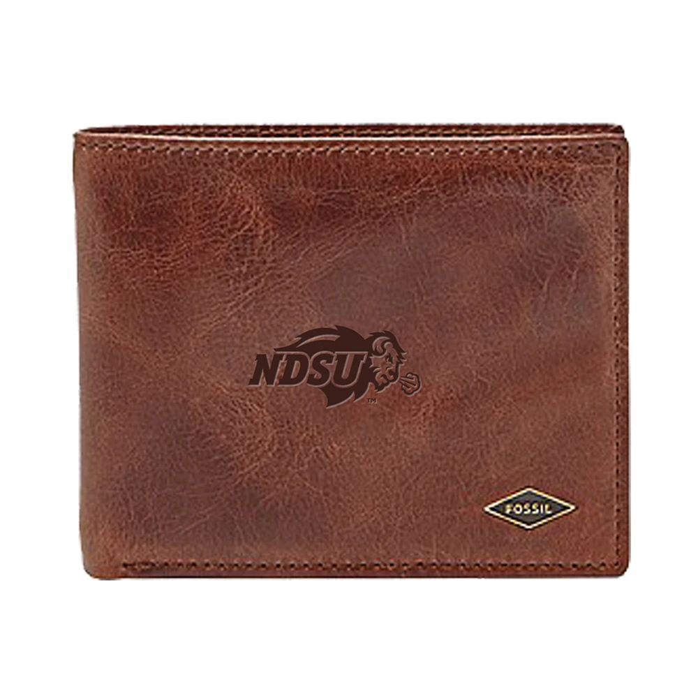 Men's Fossil Brown NDSU Bison Leather Ryan RFID Flip ID Bifold Wallet