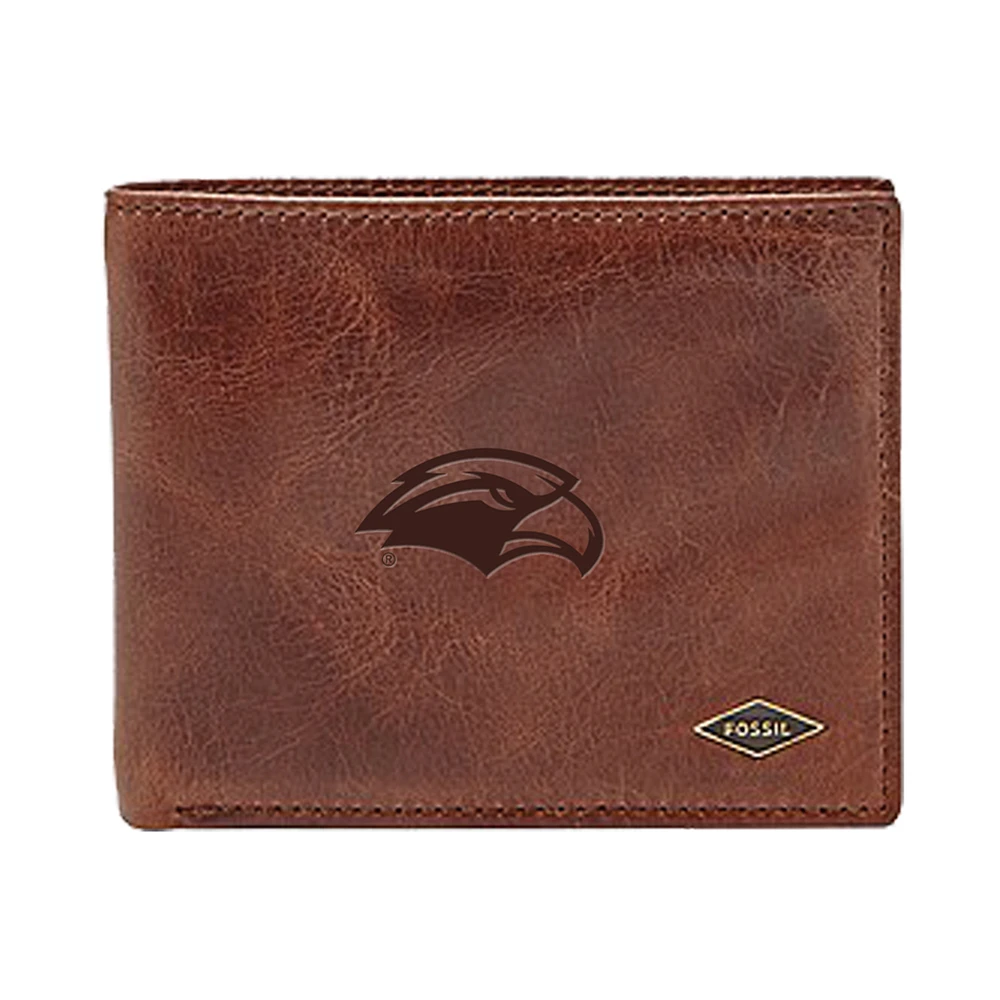 Men's Fossil Brown Southern Miss Golden Eagles Leather Ryan RFID Flip ID Bifold Wallet