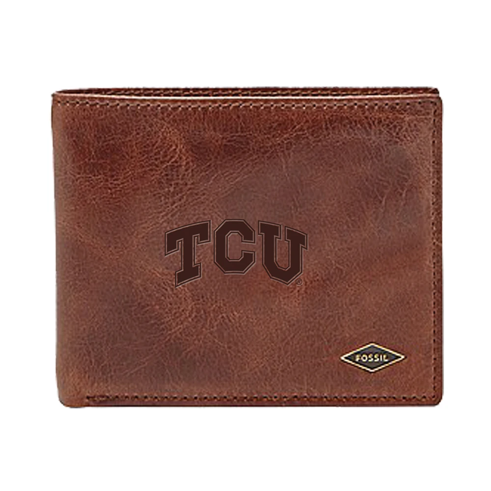 Men's Fossil Brown TCU Horned Frogs Leather Ryan RFID Flip ID Bifold Wallet