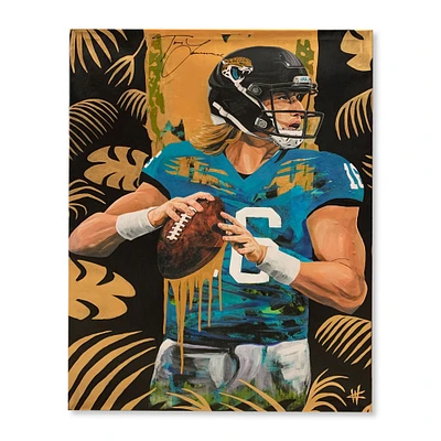 Trevor Lawrence Jacksonville Jaguars Autographed Stretched 30" x 40" Embellished Canvas Giclee Print - Art by Cortney Wall - Gold & Jungle