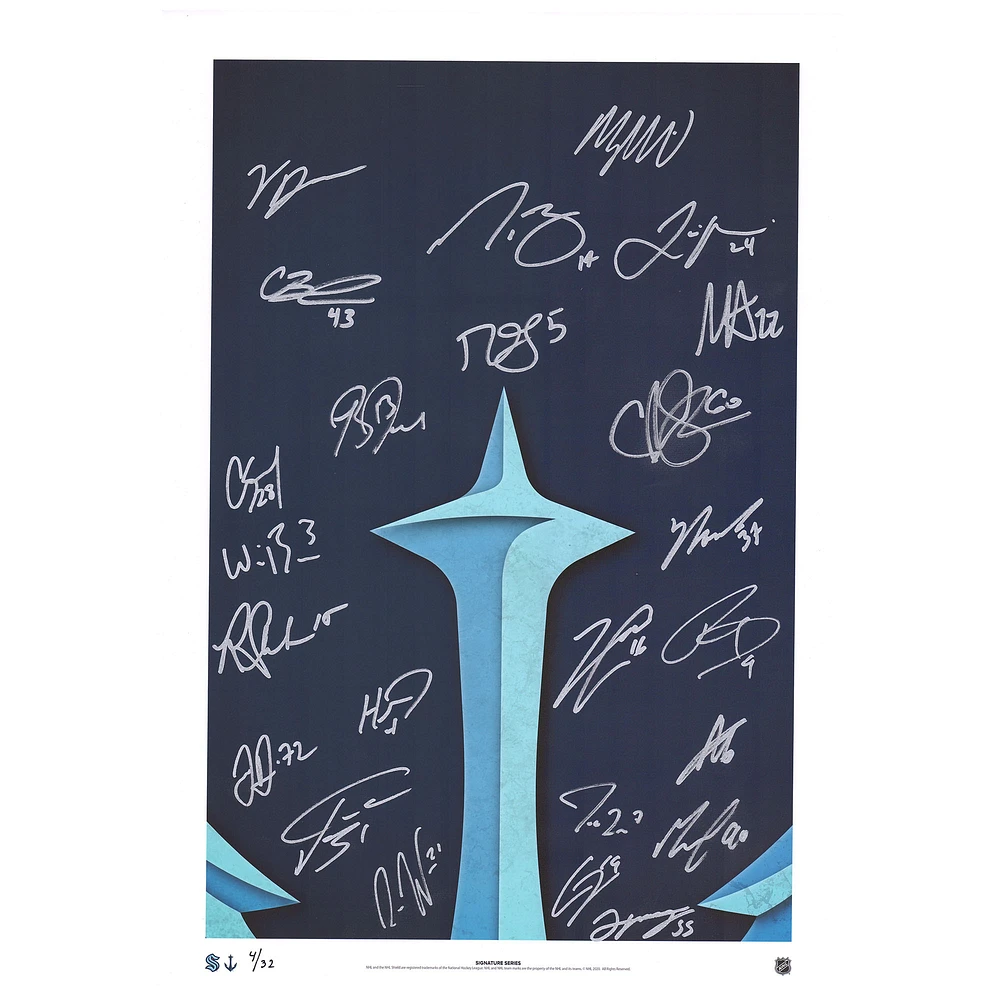 Seattle Kraken Autographed 14" x 20" Minimalist Print by S. Preston with Multiple Signatures - Limited Edition of 32