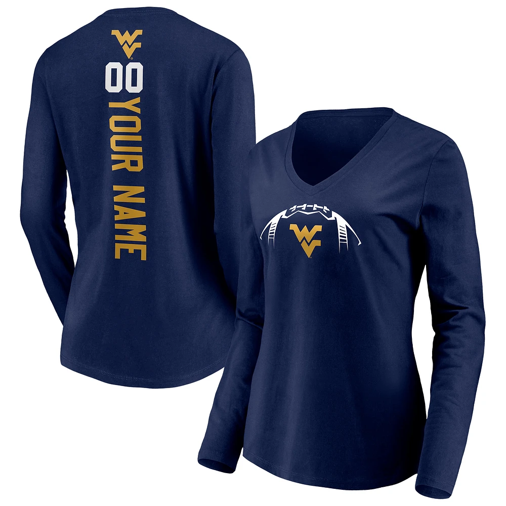 Women's Navy West Virginia Mountaineers Playmaker Football Personalized Name & Number Long Sleeve V-Neck T-Shirt