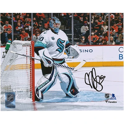 Chris Driedger Seattle Kraken Autographed 8'' x 10'' White Jersey In Net Photograph