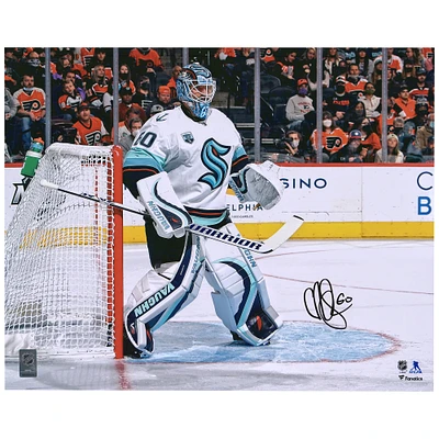 Chris Driedger Seattle Kraken Autographed 16'' x 20'' White Jersey In Net Photograph