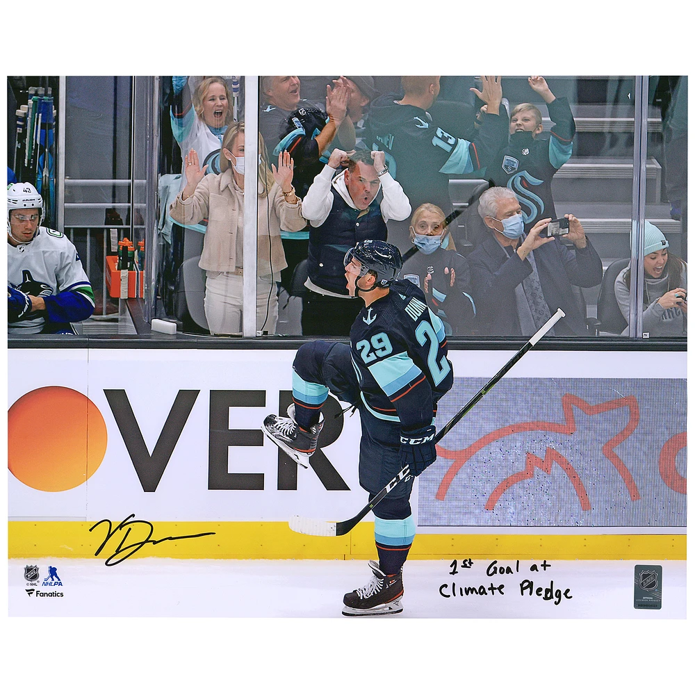 Vince Dunn Seattle Kraken Autographed 16'' x 20'' Deep Sea Blue Jersey Celebration Photograph with ''1st Goal At Climate Pledge'' Inscription