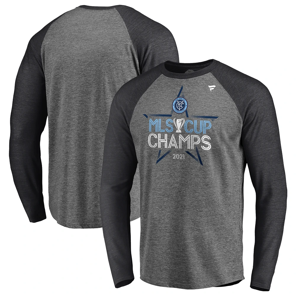 Men's Fanatics Heathered Gray New York City FC 2021 MLS Cup Champions Locker Room Raglan Long Sleeve T-Shirt