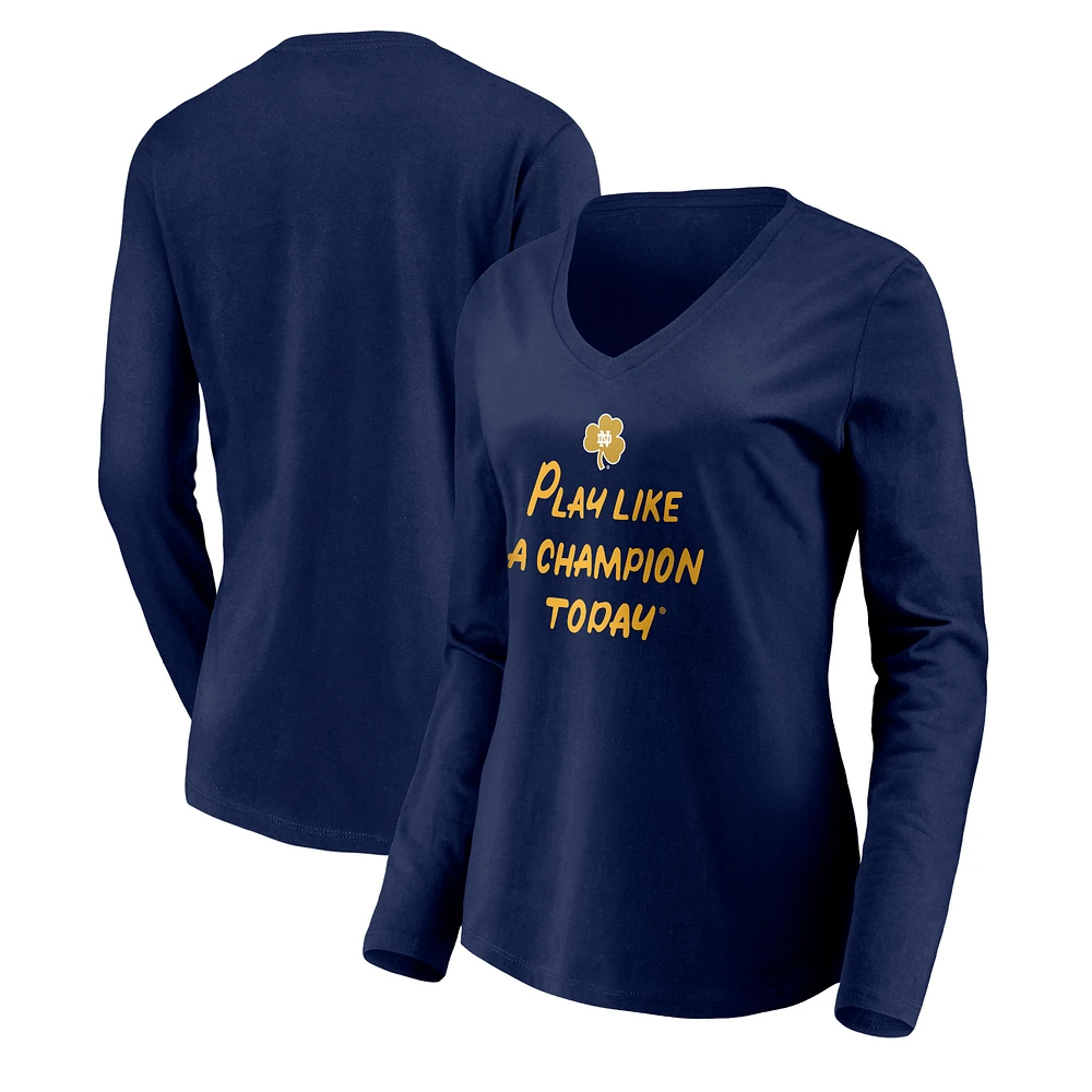 Women's Navy Notre Dame Fighting Irish Play Like A Champion Today Shamrock Long Sleeve V-Neck T-Shirt