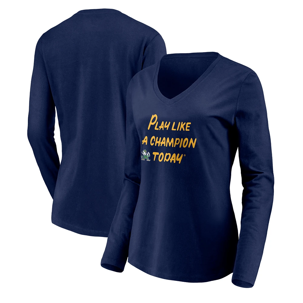 Women's Navy Notre Dame Fighting Irish Play Like A Champion Today Leprechaun Long Sleeve V-Neck T-Shirt