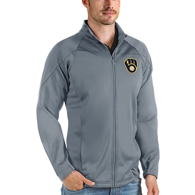 Men's Antigua Gray Milwaukee Brewers Links Full-Zip Golf Jacket