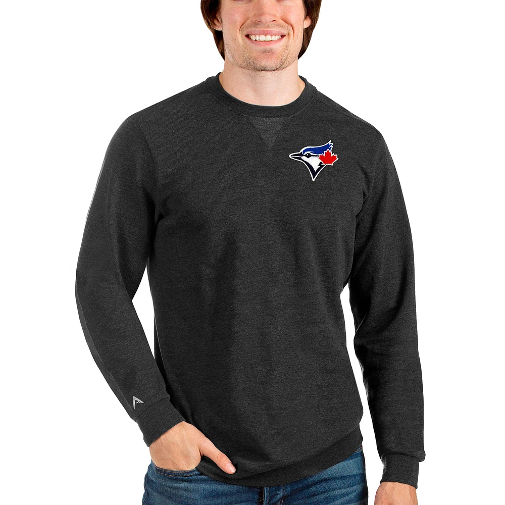 Men's Antigua Heathered Black Toronto Blue Jays Reward Crewneck Pullover Sweatshirt