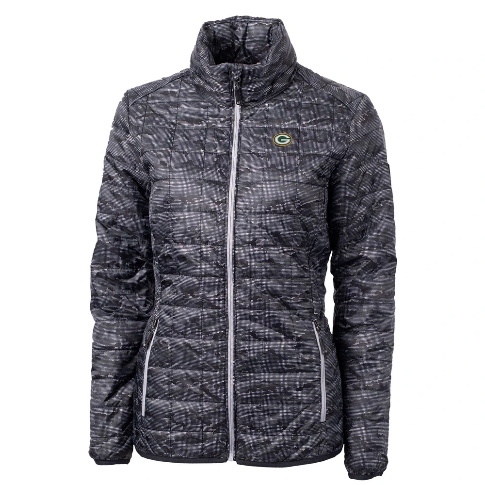 Women's Cutter & Buck Black Green Bay Packers Rainier Printed Full-Zip Puffer Jacket