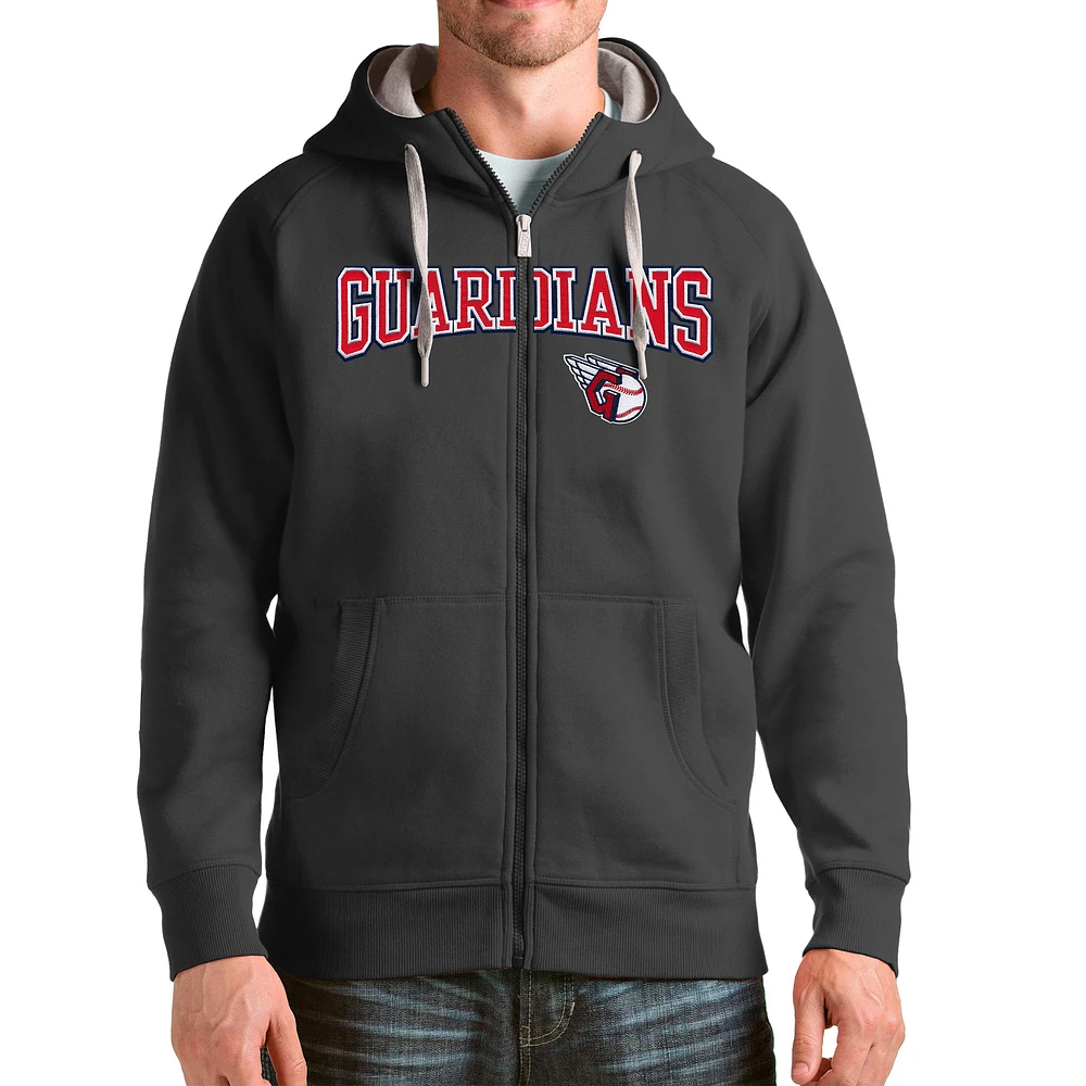 Men's Antigua Charcoal Cleveland Guardians Wordmark Victory Full-Zip Hoodie