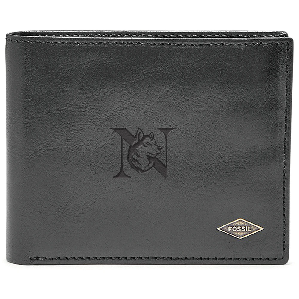 Men's Fossil Black Northeastern Huskies Leather Ryan RFID Flip ID Bifold Wallet