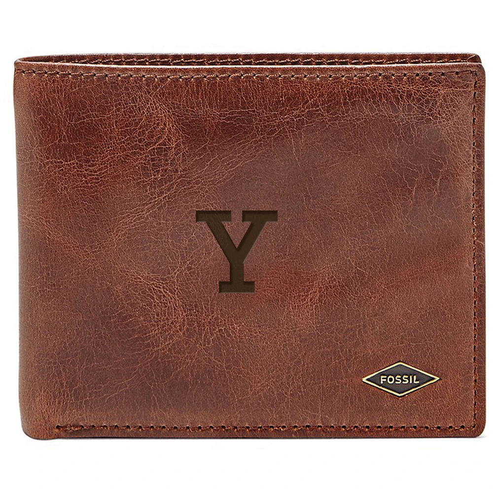Men's Fossil Brown Yale Bulldogs Leather Ryan RFID Flip ID Bifold Wallet